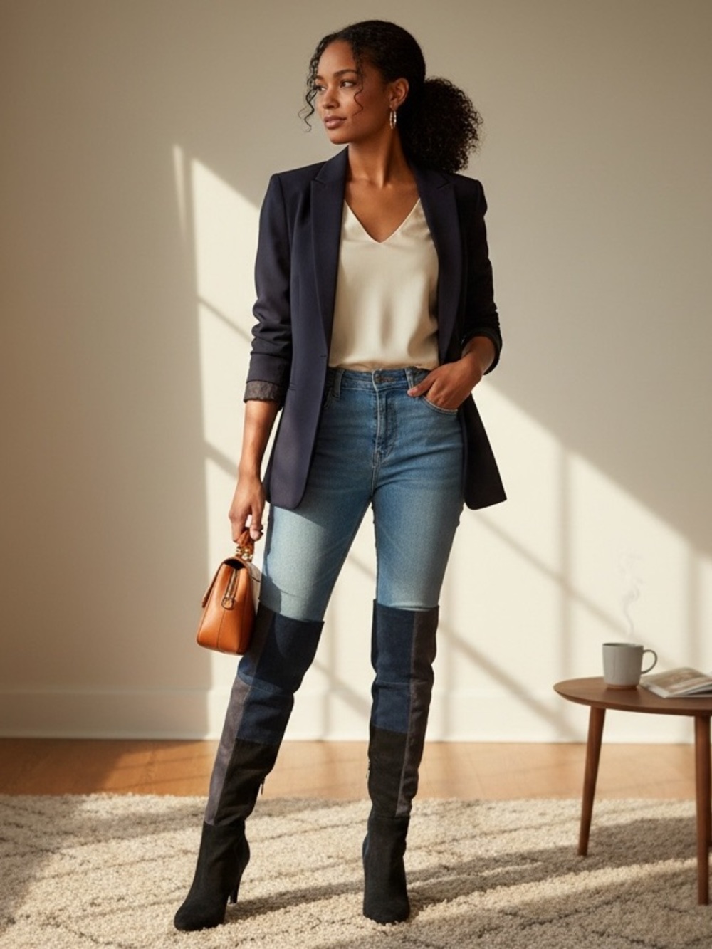 RIALTO Over-the-Knee Colorblock Suede Boots in Black Grey & Navy Faux Suede